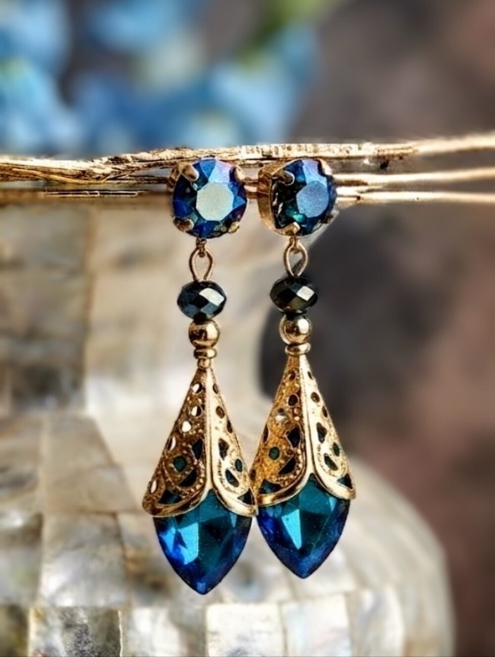 Victorian Mettalic Blue AB Swarovski Crystal 18k Gold Plated Filligree Earrings